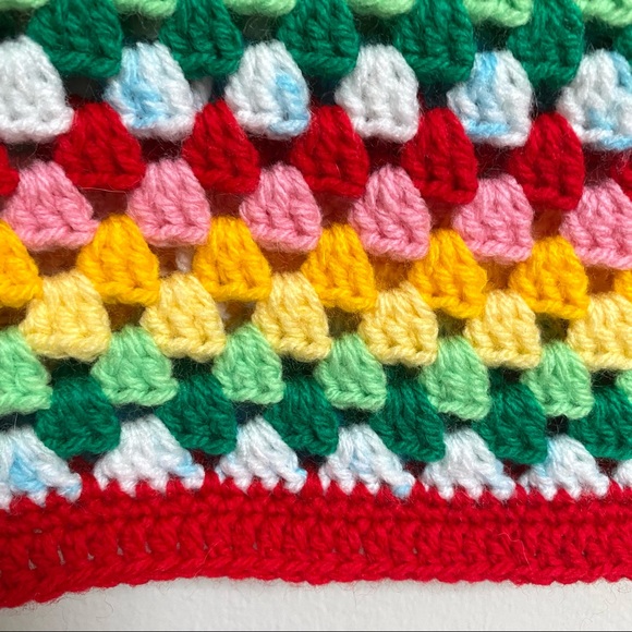 Handmade Crochet Granny Square Rainbow Daisy Sweater Vest Mock Neck Red Trim - Picture 7 of 7